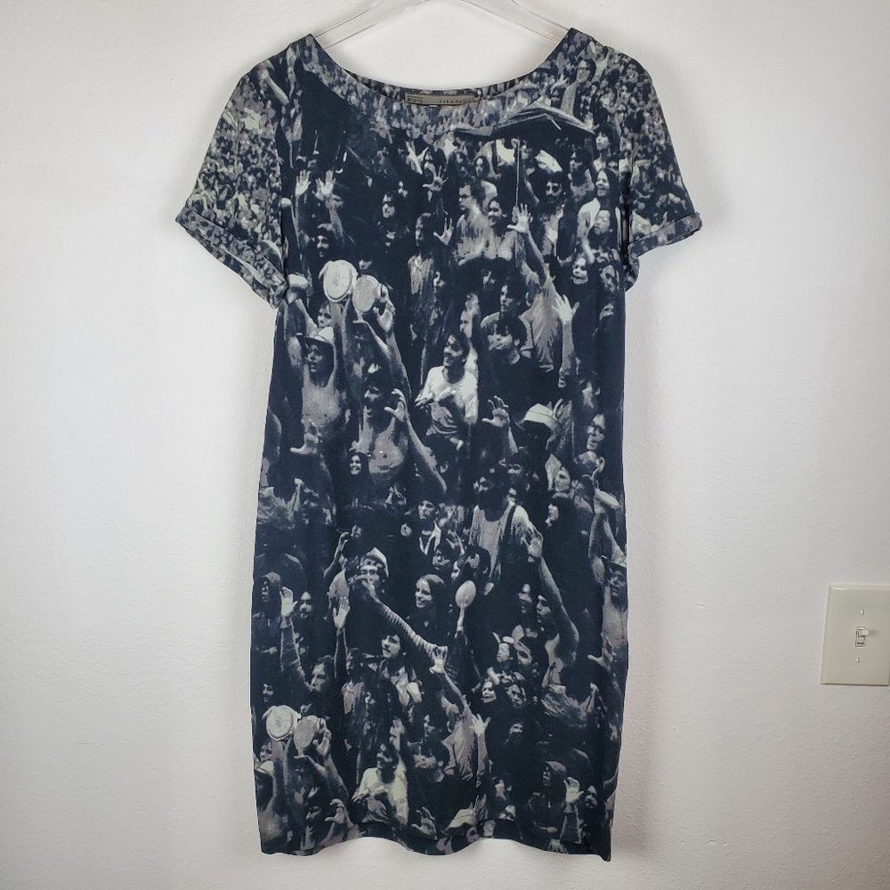 Zara crowd print t shirt dress black white M boho streetwear balletcore